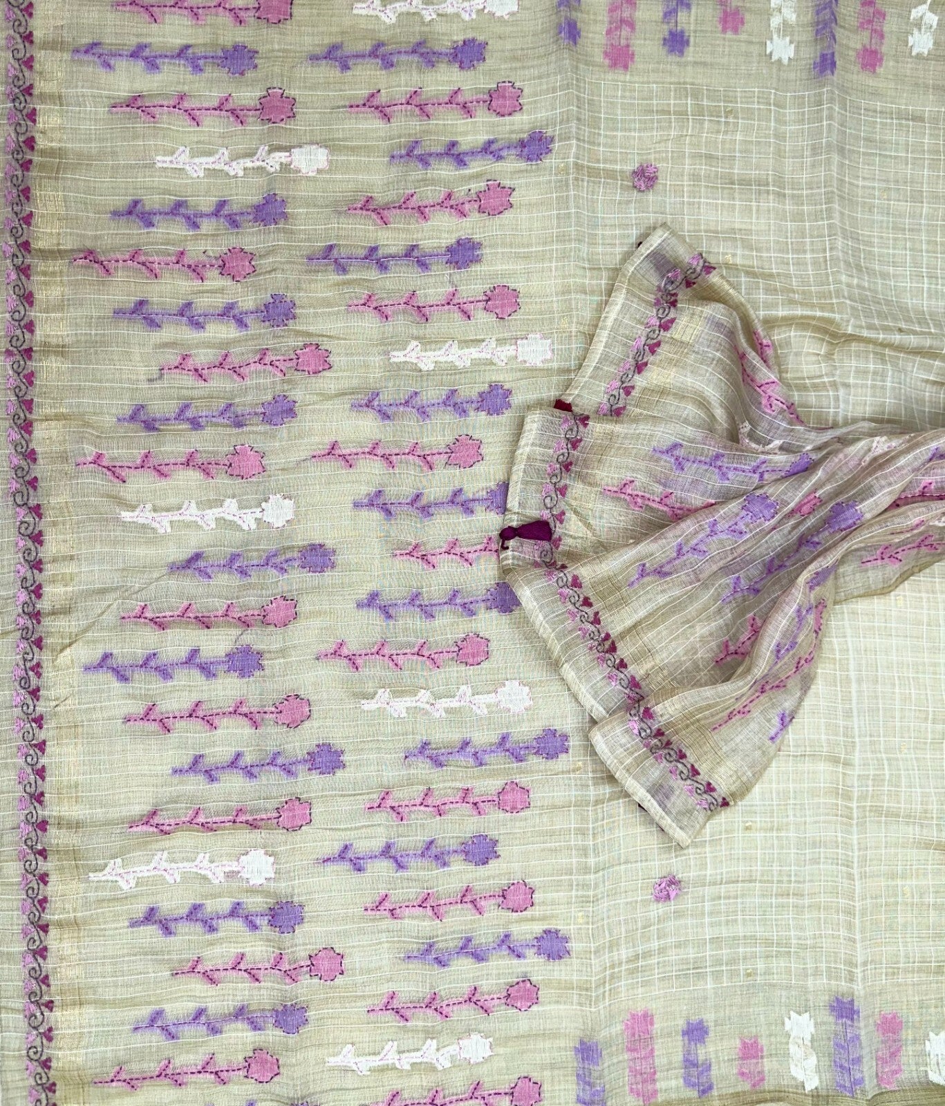 Beige Cotton Chanderi Kantha Purple Thread Hand Embroidery Unstitched Suit