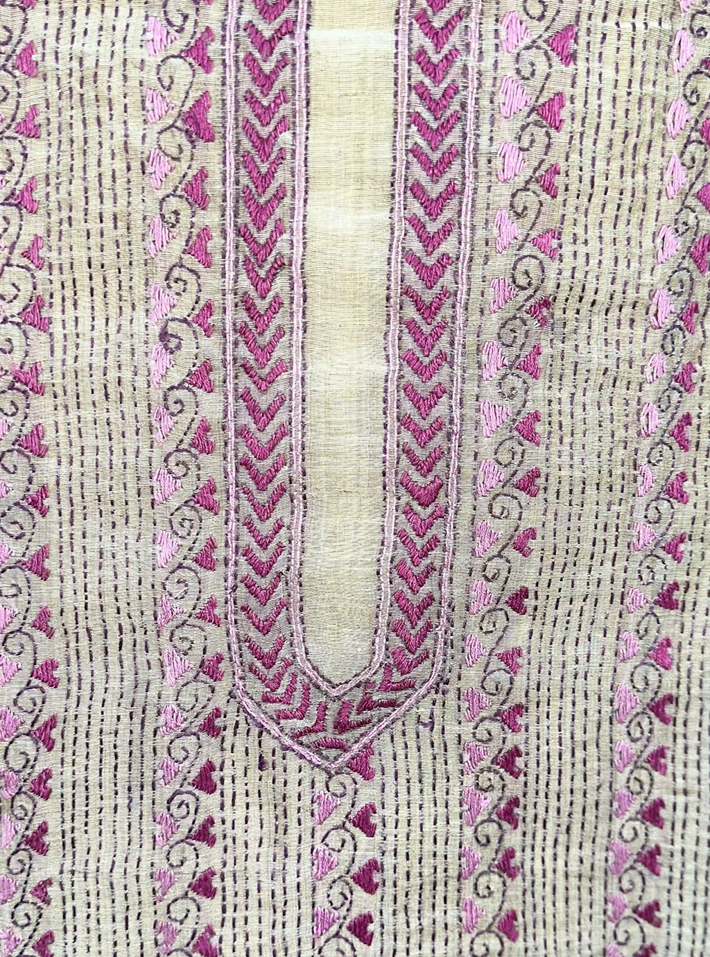 Beige Cotton Chanderi Kantha Purple Thread Hand Embroidery Unstitched Suit
