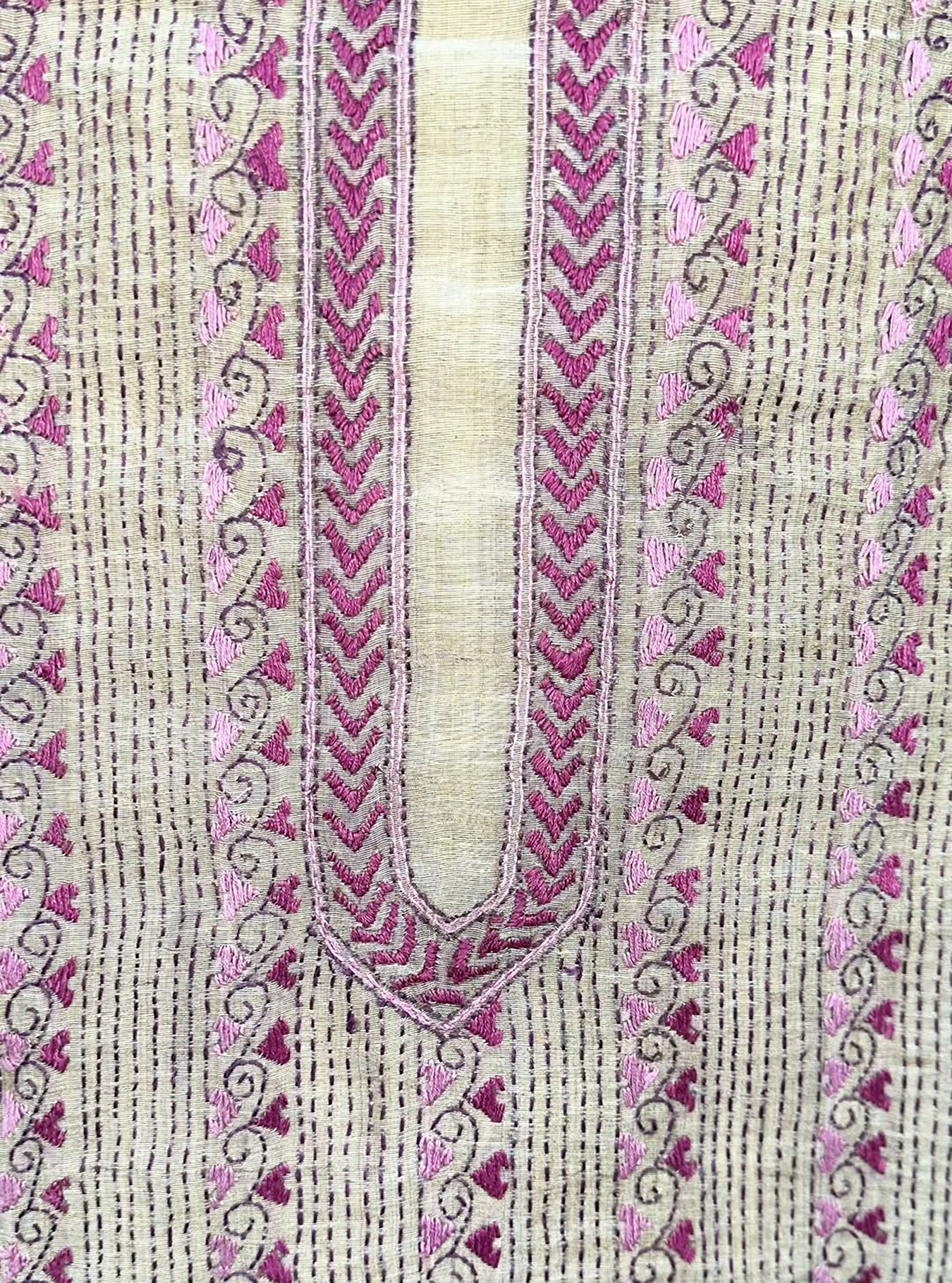Beige Cotton Chanderi Kantha Purple Thread Hand Embroidery Unstitched Suit