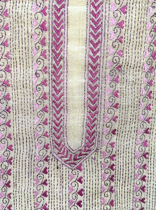 Beige Cotton Chanderi Kantha Purple Thread Hand Embroidery Unstitched Suit