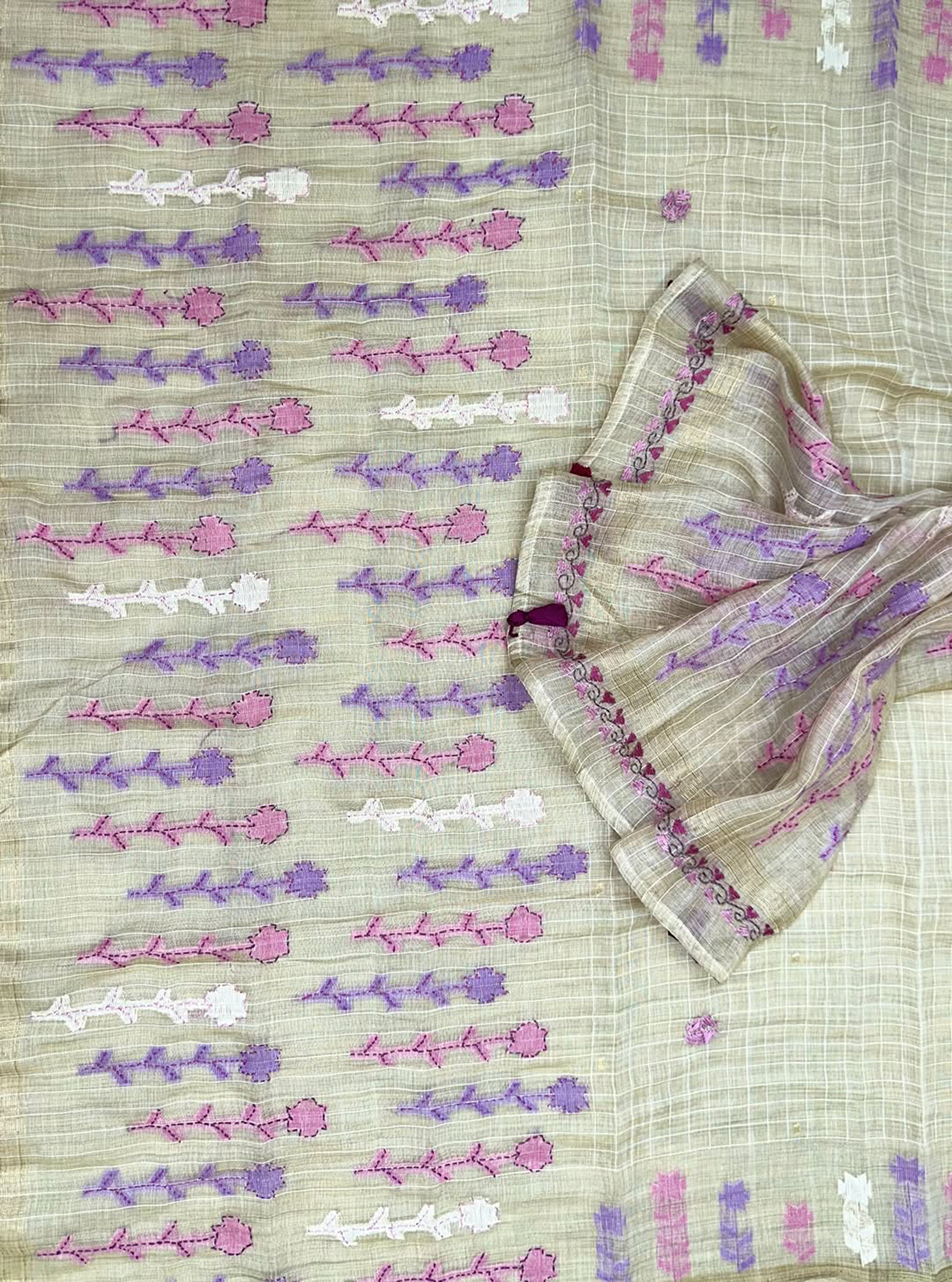 Beige Cotton Chanderi Kantha Purple Thread Hand Embroidery Unstitched Suit