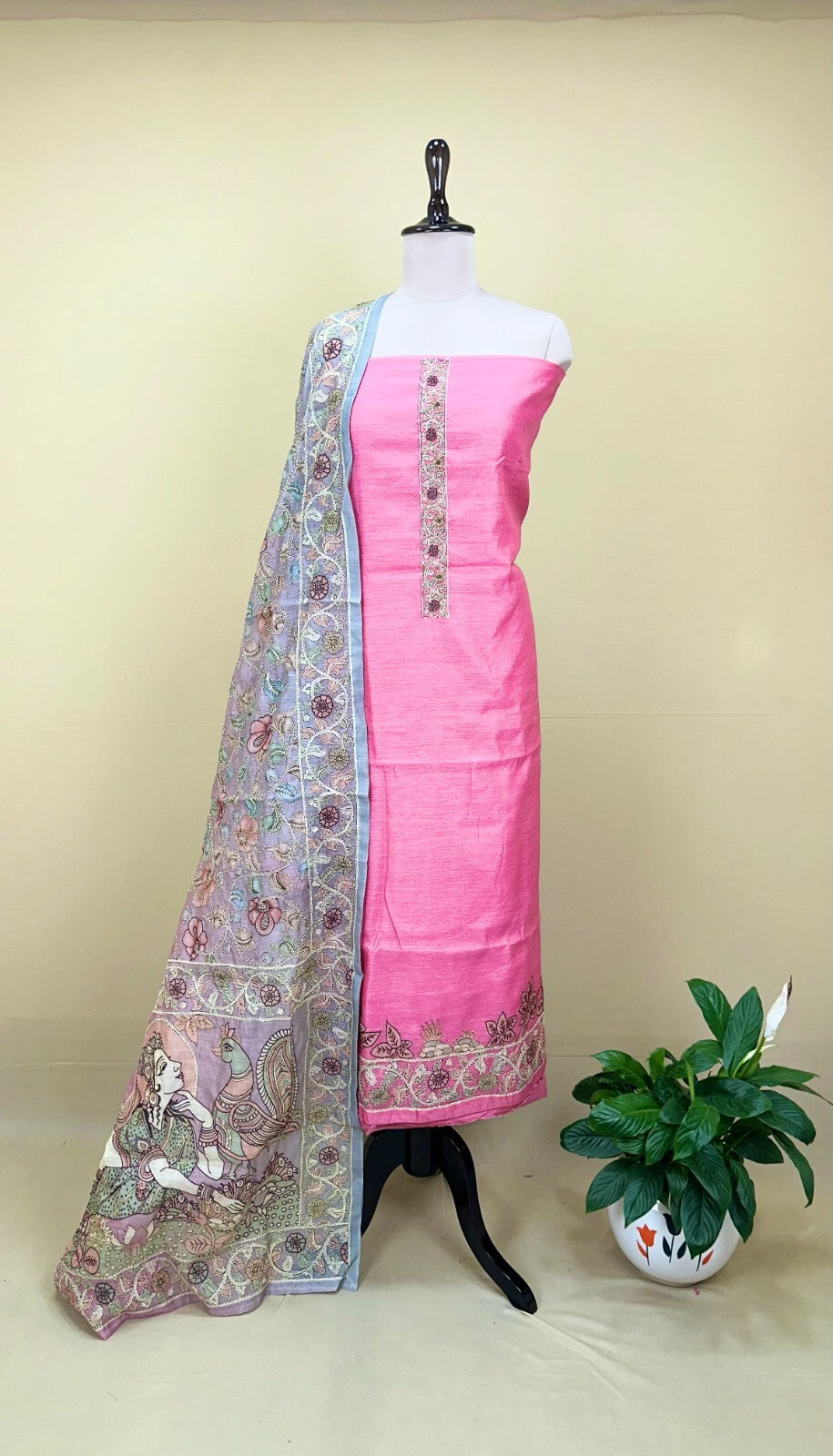 Pink Silk Chanderi Hand-Painted Pen Floral Hand Painted Kalamkari with Kantha Hand Embroidery Unstitched Suit
