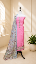 Pink Silk Chanderi Hand-Painted Pen Floral Hand Painted Kalamkari with Kantha Hand Embroidery Unstitched Suit