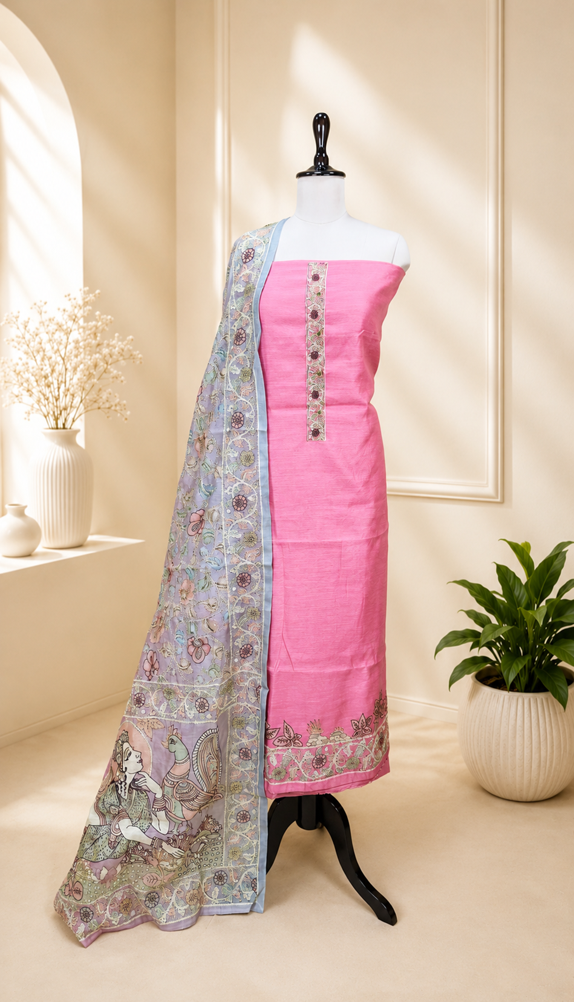 Pink Silk Chanderi Hand-Painted Pen Floral Hand Painted Kalamkari with Kantha Hand Embroidery Unstitched Suit