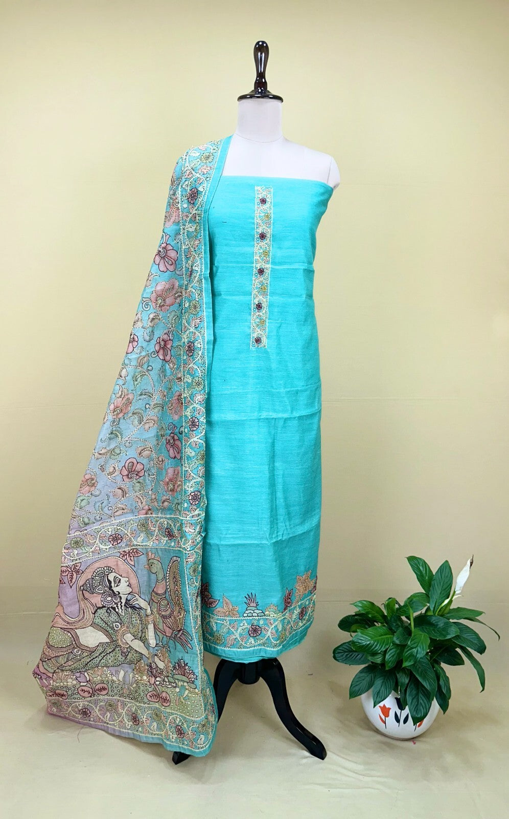 Green Silk Chanderi Hand-Painted Pen Floral Hand Painted Kalamkari with Kantha Hand Embroidery Unstitched Suit