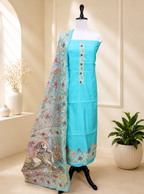 Green Silk Chanderi Hand-Painted Pen Floral Hand Painted Kalamkari with Kantha Hand Embroidery Unstitched Suit