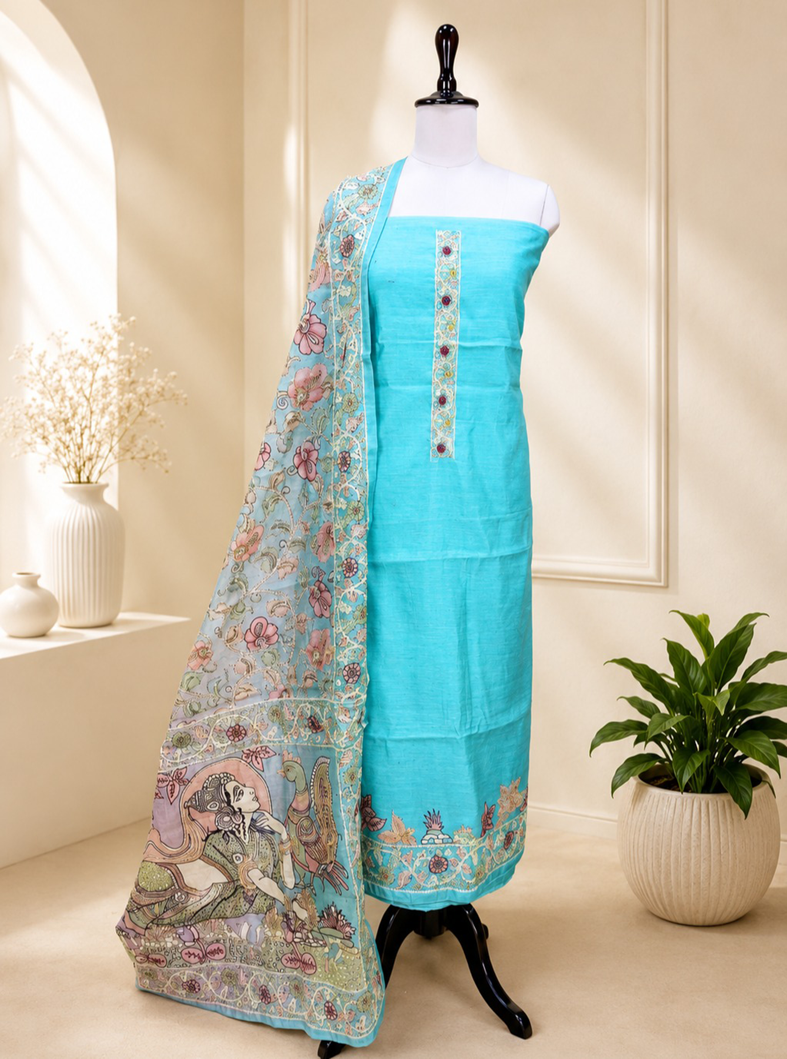 Green Silk Chanderi Hand-Painted Pen Floral Hand Painted Kalamkari with Kantha Hand Embroidery Unstitched Suit