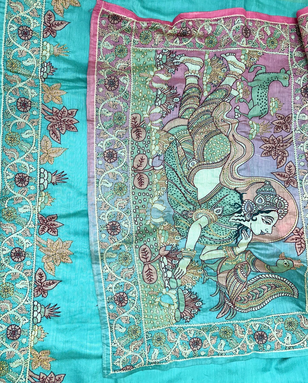 Green Silk Chanderi Hand-Painted Pen Floral Hand Painted Kalamkari with Kantha Hand Embroidery Unstitched Suit