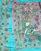 Green Silk Chanderi Hand-Painted Pen Floral Hand Painted Kalamkari with Kantha Hand Embroidery Unstitched Suit