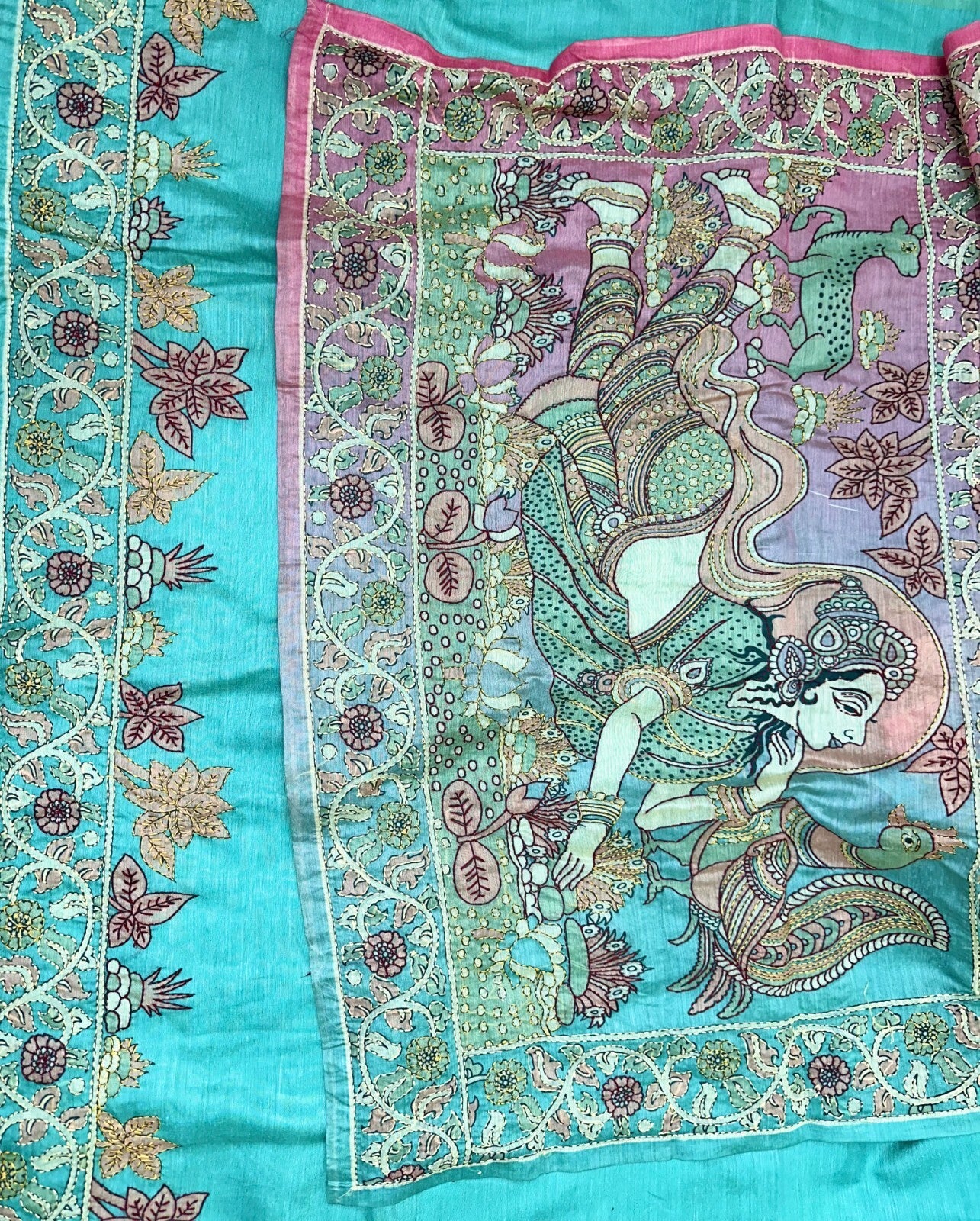 Green Silk Chanderi Hand-Painted Pen Floral Hand Painted Kalamkari with Kantha Hand Embroidery Unstitched Suit