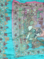 Green Silk Chanderi Hand-Painted Pen Floral Hand Painted Kalamkari with Kantha Hand Embroidery Unstitched Suit
