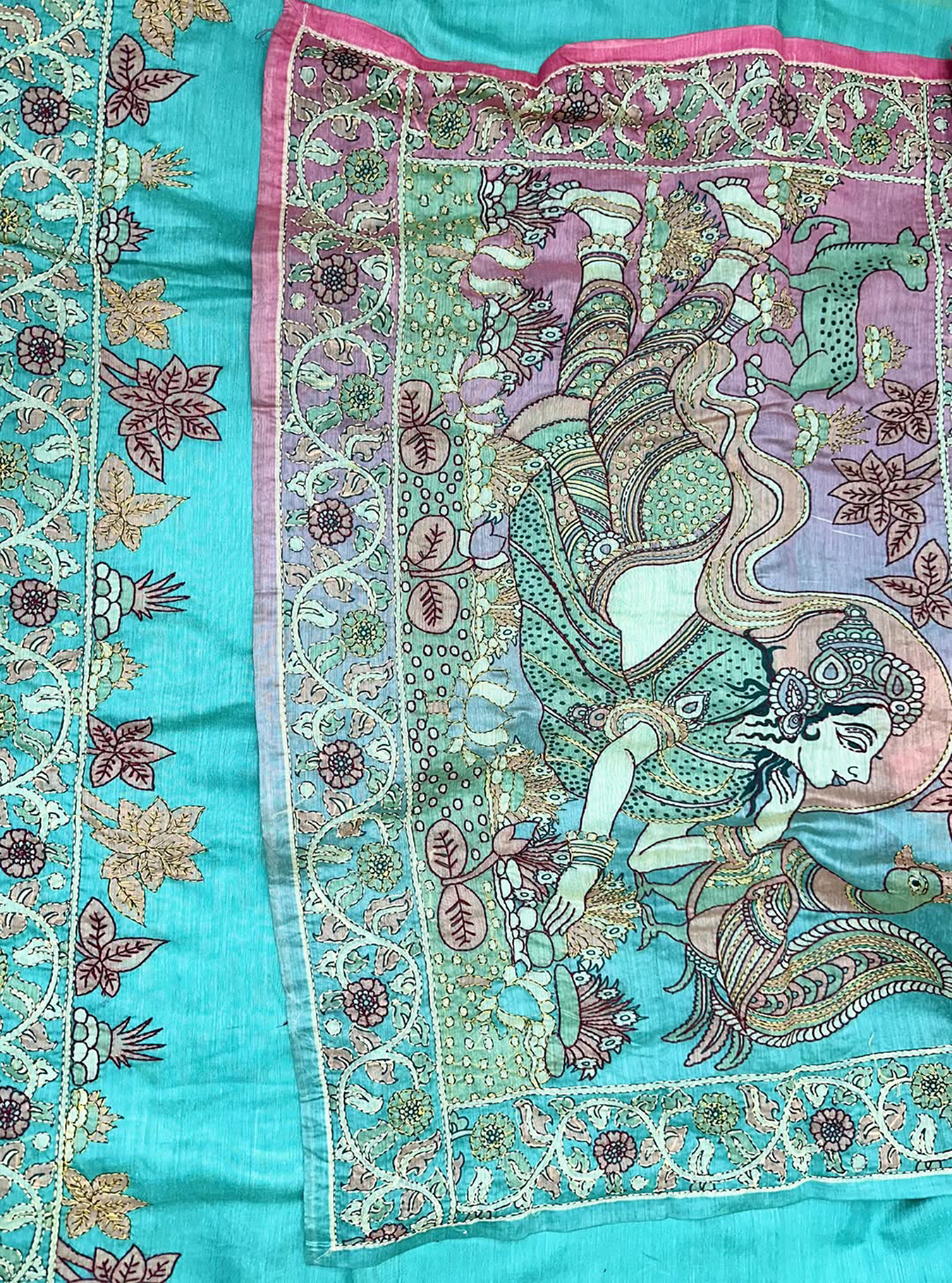 Green Silk Chanderi Hand-Painted Pen Floral Hand Painted Kalamkari with Kantha Hand Embroidery Unstitched Suit