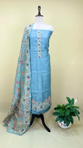 Grey Silk Chanderi Hand-Painted Pen Floral Hand Painted Kalamkari with Kantha Hand Embroidery Unstitched Suit