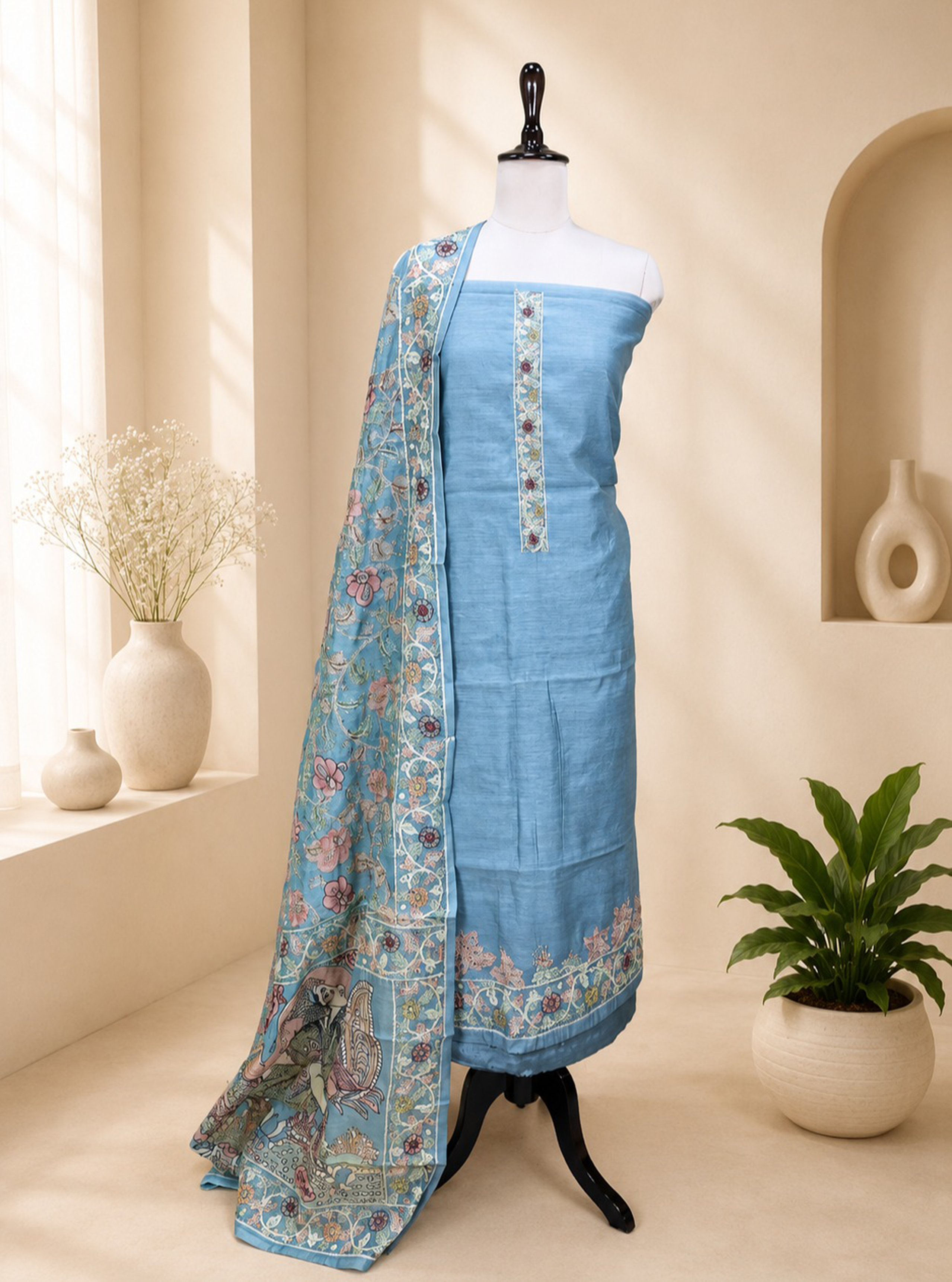 Grey Silk Chanderi Hand-Painted Pen Floral Hand Painted Kalamkari with Kantha Hand Embroidery Unstitched Suit