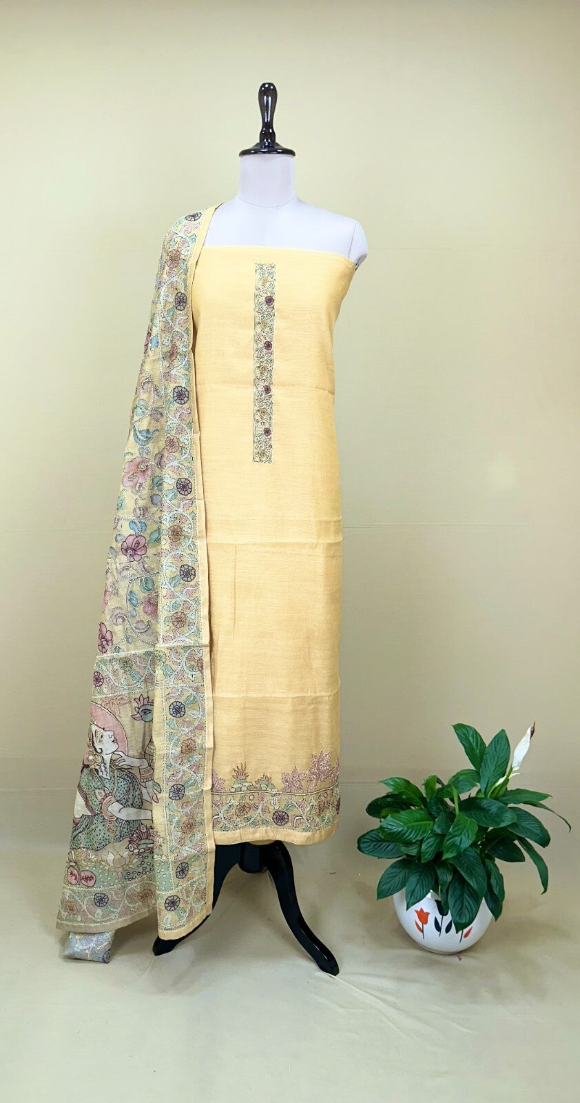 Yellow Silk Chanderi Hand-Painted Pen Floral Hand Painted Kalamkari with Kantha Hand Embroidery Unstitched Suit