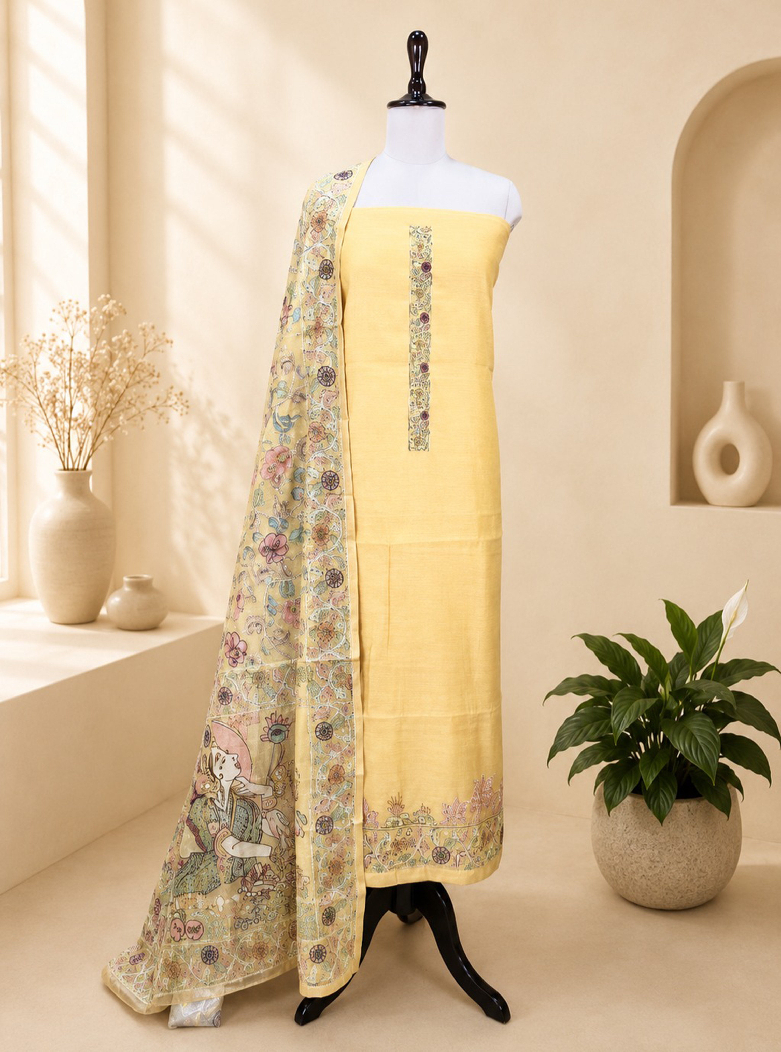 Yellow Silk Chanderi Hand-Painted Pen Floral Hand Painted Kalamkari with Kantha Hand Embroidery Unstitched Suit