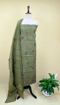 Sage Green Cotton Chanderi Kantha Hand Stitched Unstitched Suit