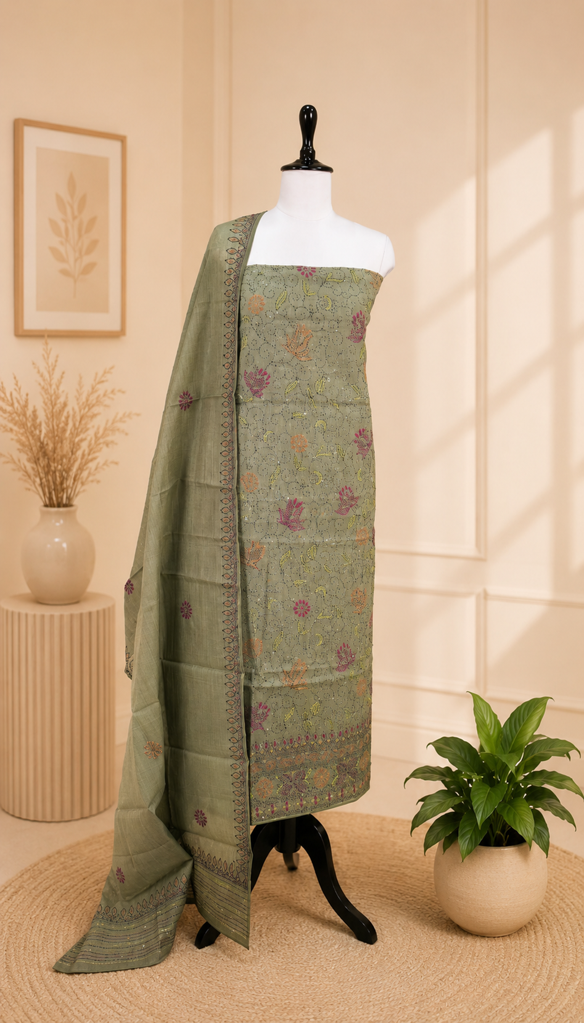Sage Green Cotton Chanderi Kantha Hand Stitched Unstitched Suit