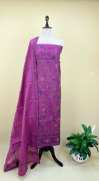 Purple Cotton Chanderi Kantha Hand Stitched Unstitched Suit