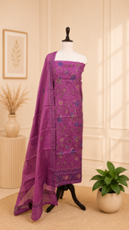 Purple Cotton Chanderi Kantha Hand Stitched Unstitched Suit