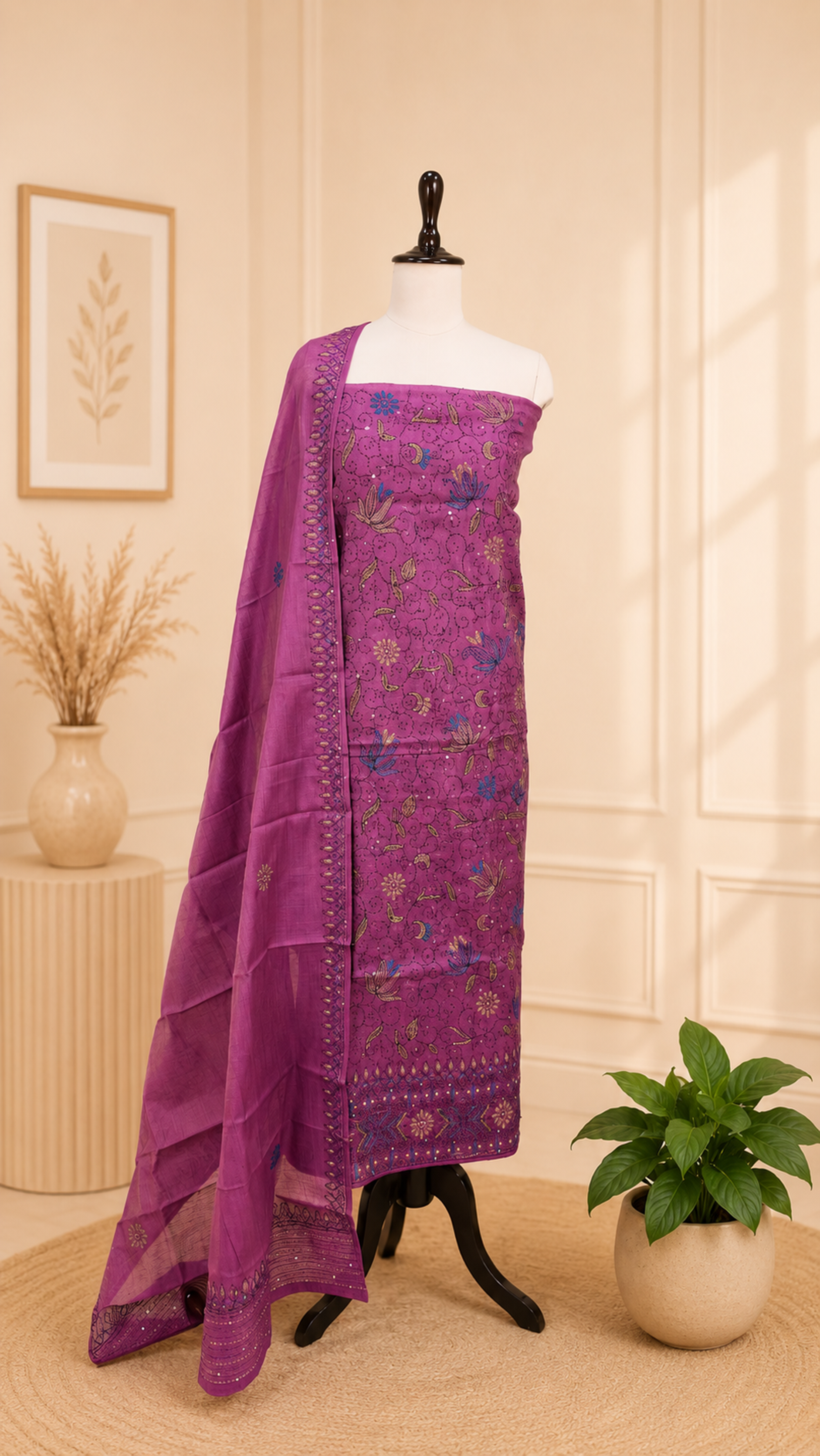 Purple Cotton Chanderi Kantha Hand Stitched Unstitched Suit