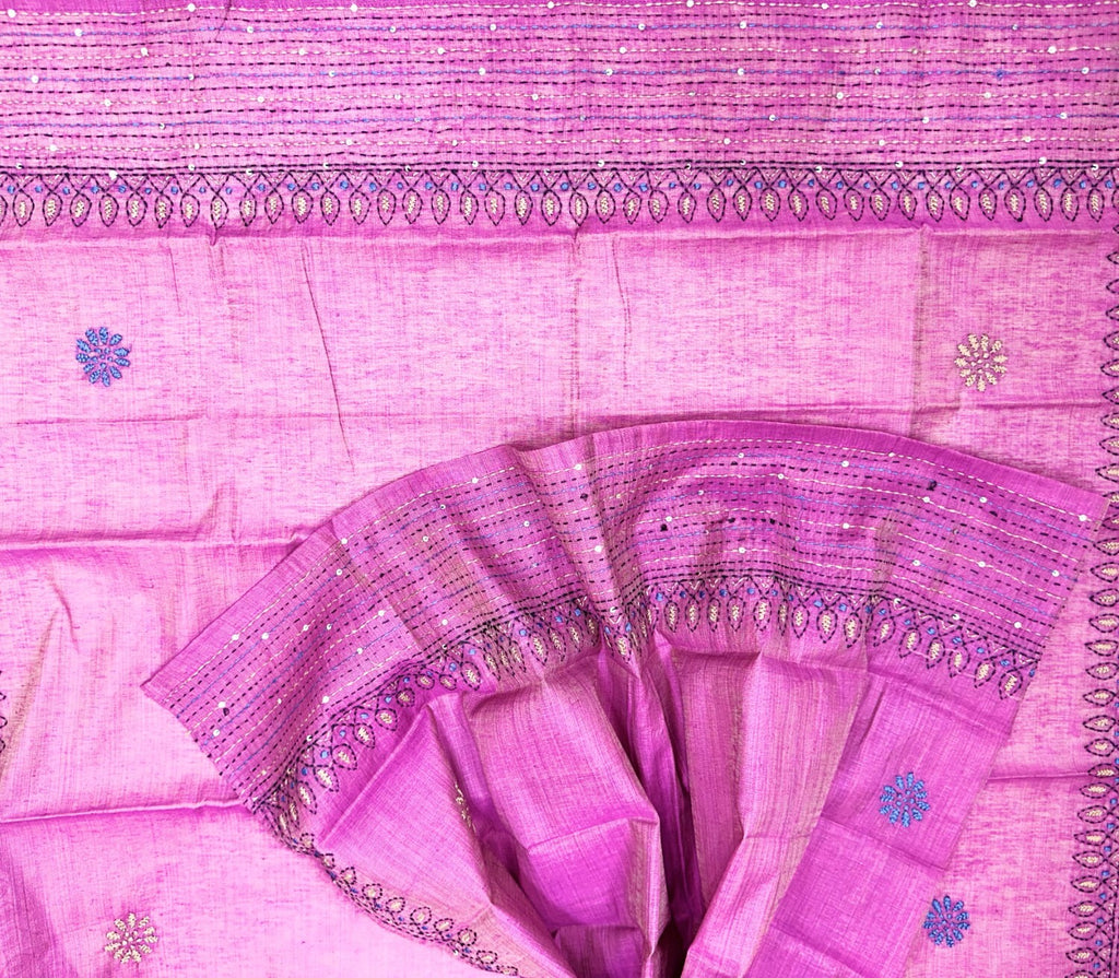 Purple Cotton Chanderi Kantha Hand Stitched Unstitched Suit