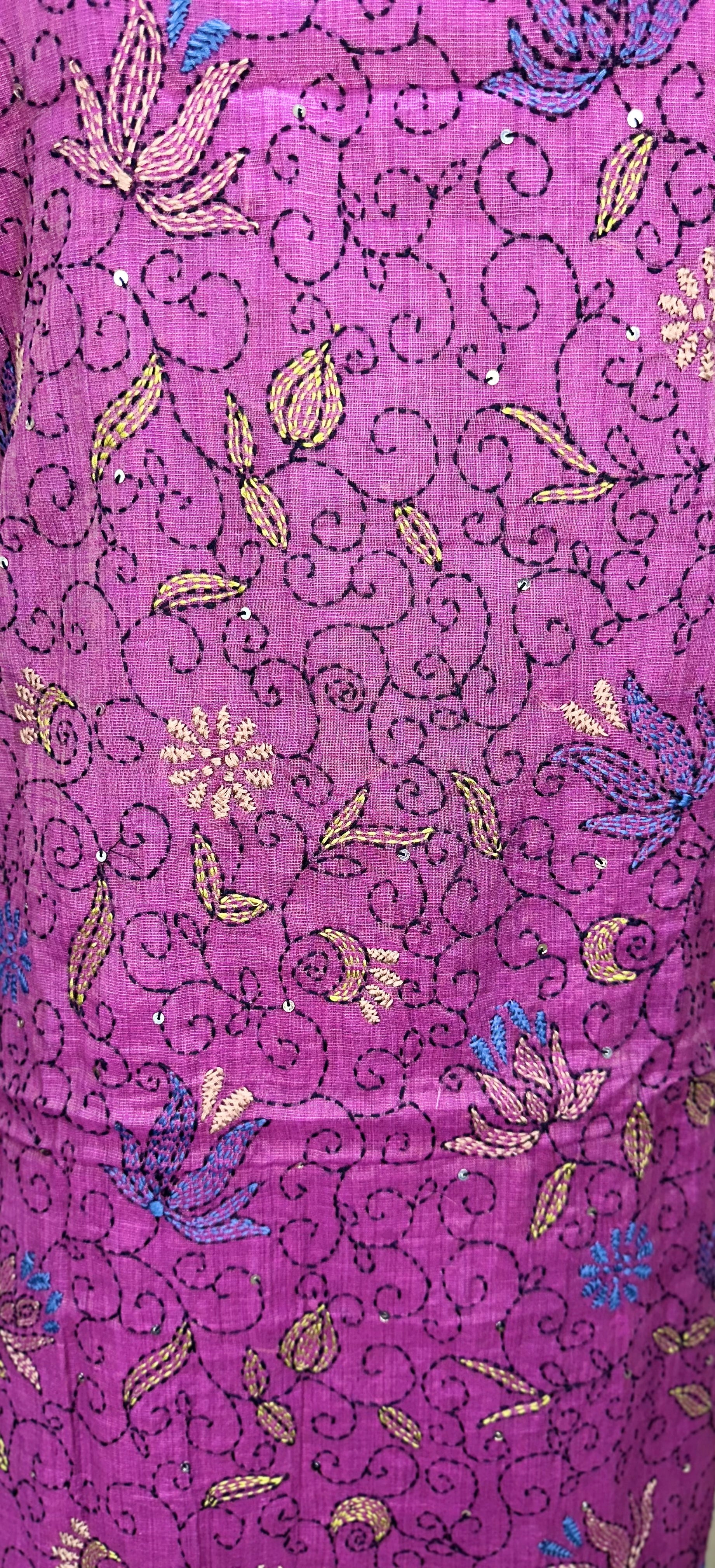 Purple Cotton Chanderi Kantha Hand Stitched Unstitched Suit