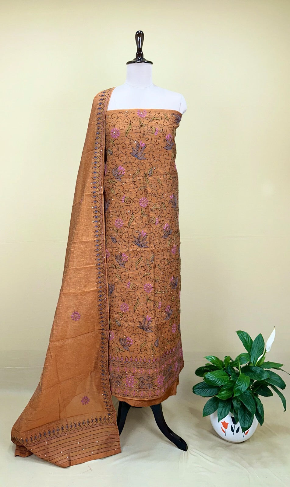 Mustard Cotton Chanderi Kantha Hand Stitched Unstitched Suit
