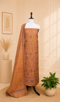 Mustard Cotton Chanderi Kantha Hand Stitched Unstitched Suit