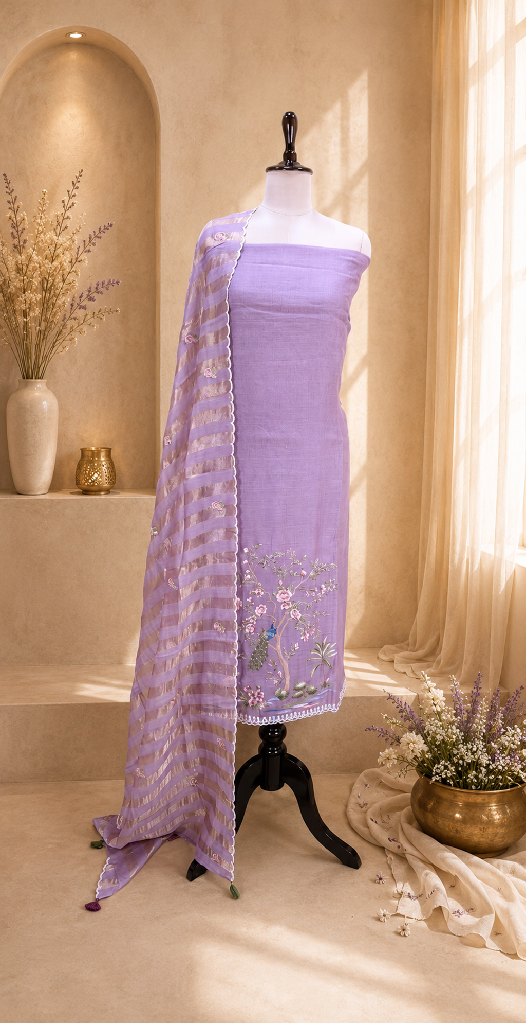 Purple Mal Chanderi Features Intricate Embroidery Depicting a Peacock and Floral Motifs, Characteristic of a Premium Indian Unstitched Suit