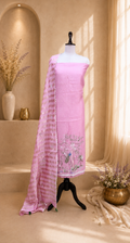 Pink Mal Chanderi Features Intricate Embroidery Depicting a Peacock and Floral Motifs, Characteristic of a Premium Indian Unstitched Suit