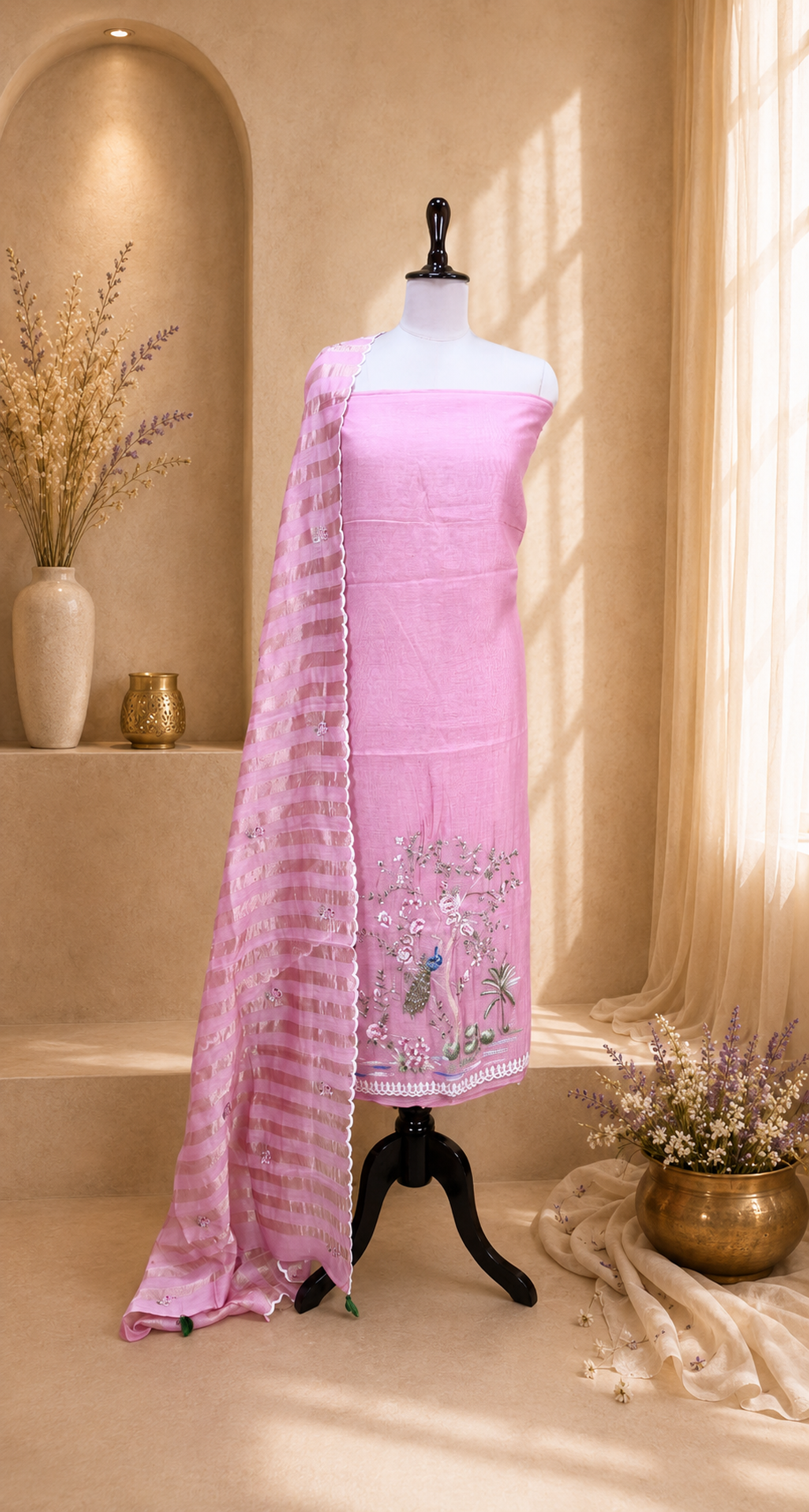 Pink Mal Chanderi Features Intricate Embroidery Depicting a Peacock and Floral Motifs, Characteristic of a Premium Indian Unstitched Suit
