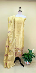 Yellow Kora Decorative Motifs Floral Bird Elephant Embroidery Work Unstitched Suit
