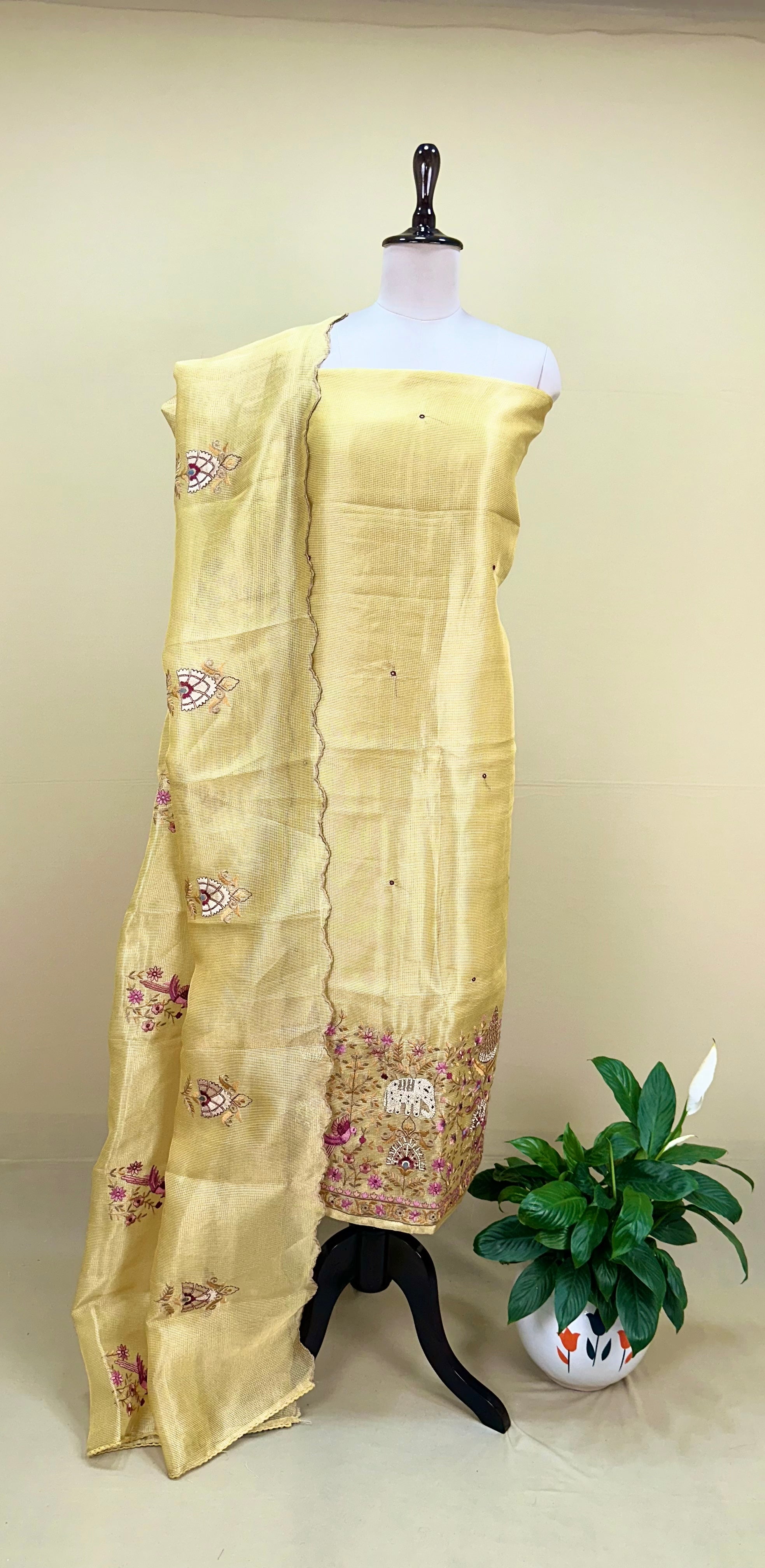 Yellow Kora Decorative Motifs Floral Bird Elephant Embroidery Work Unstitched Suit