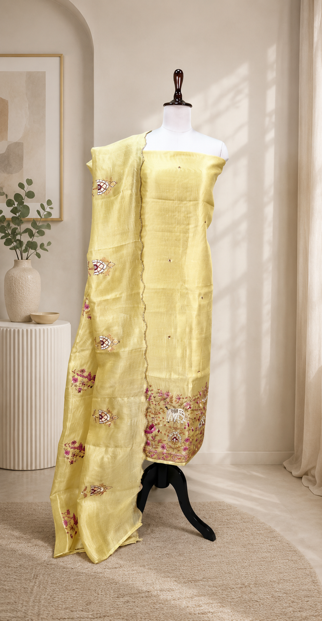 Yellow Kora Decorative Motifs Floral Bird Elephant Embroidery Work Unstitched Suit
