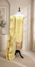 Yellow Kora Decorative Motifs Floral Bird Elephant Embroidery Work Unstitched Suit