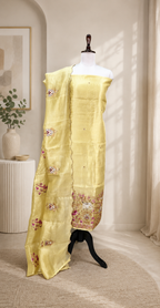 Yellow Kora Decorative Motifs Floral Bird Elephant Embroidery Work Unstitched Suit