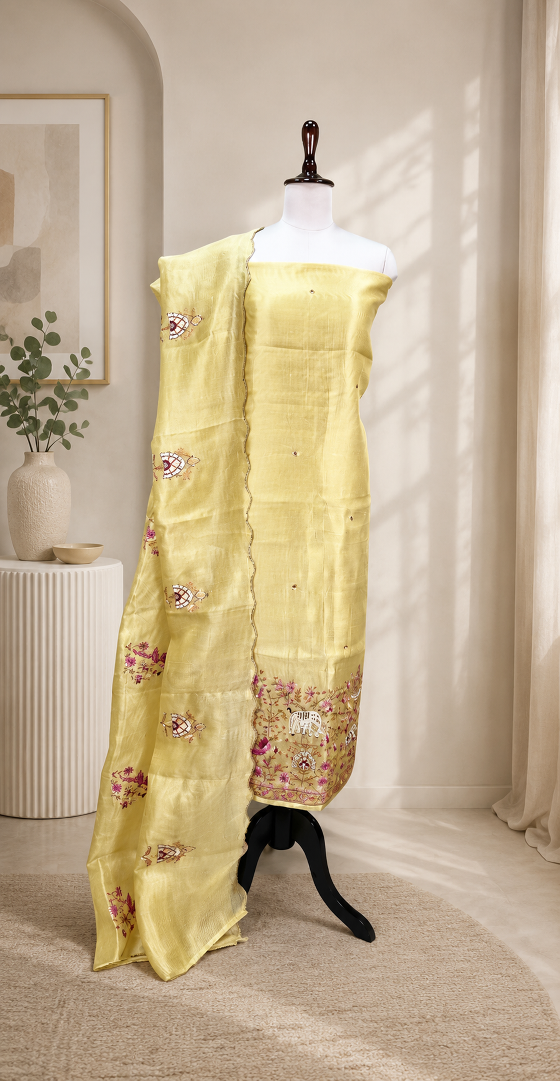 Yellow Kora Decorative Motifs Floral Bird Elephant Embroidery Work Unstitched Suit