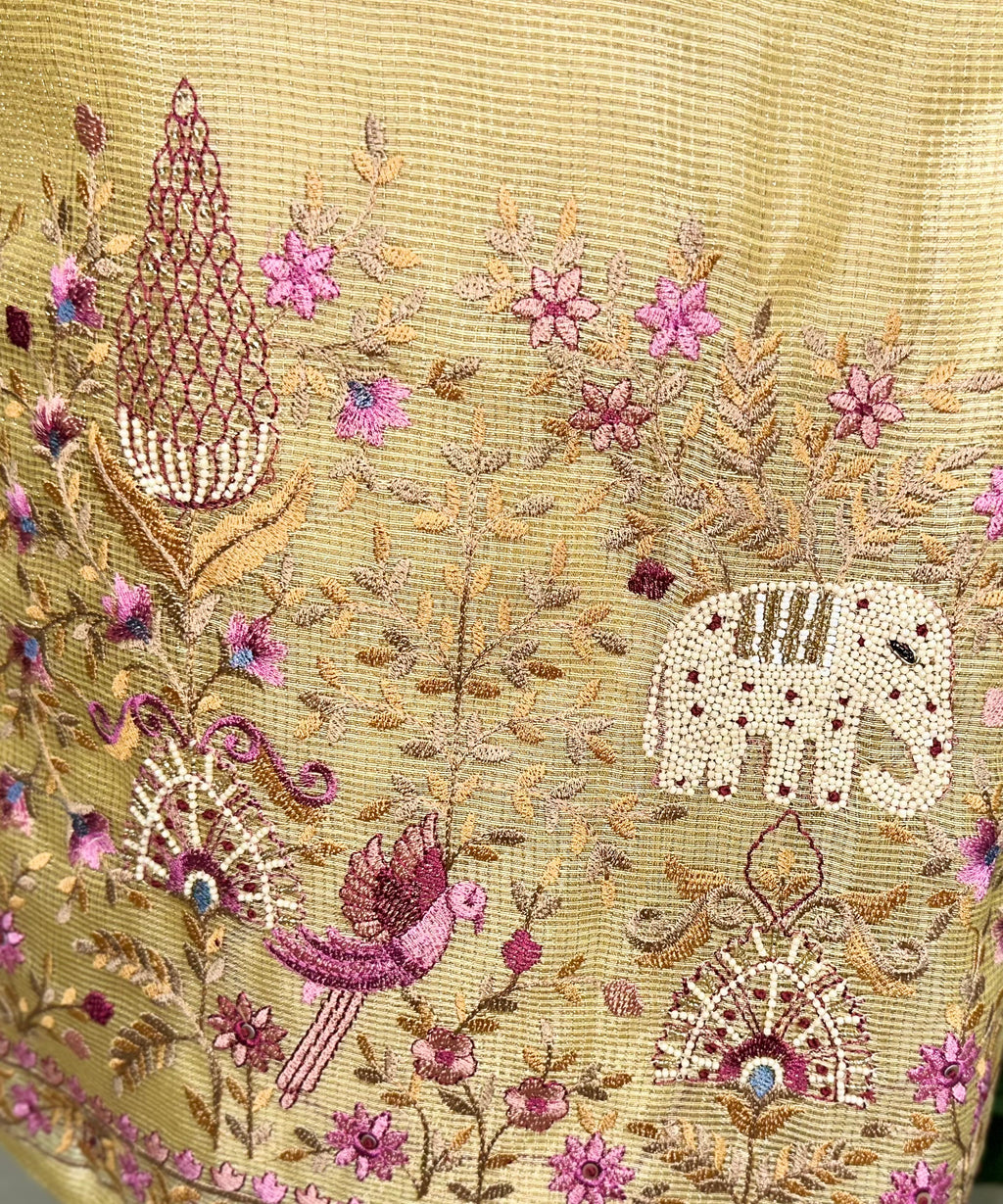 Yellow Kora Decorative Motifs Floral Bird Elephant Embroidery Work Unstitched Suit