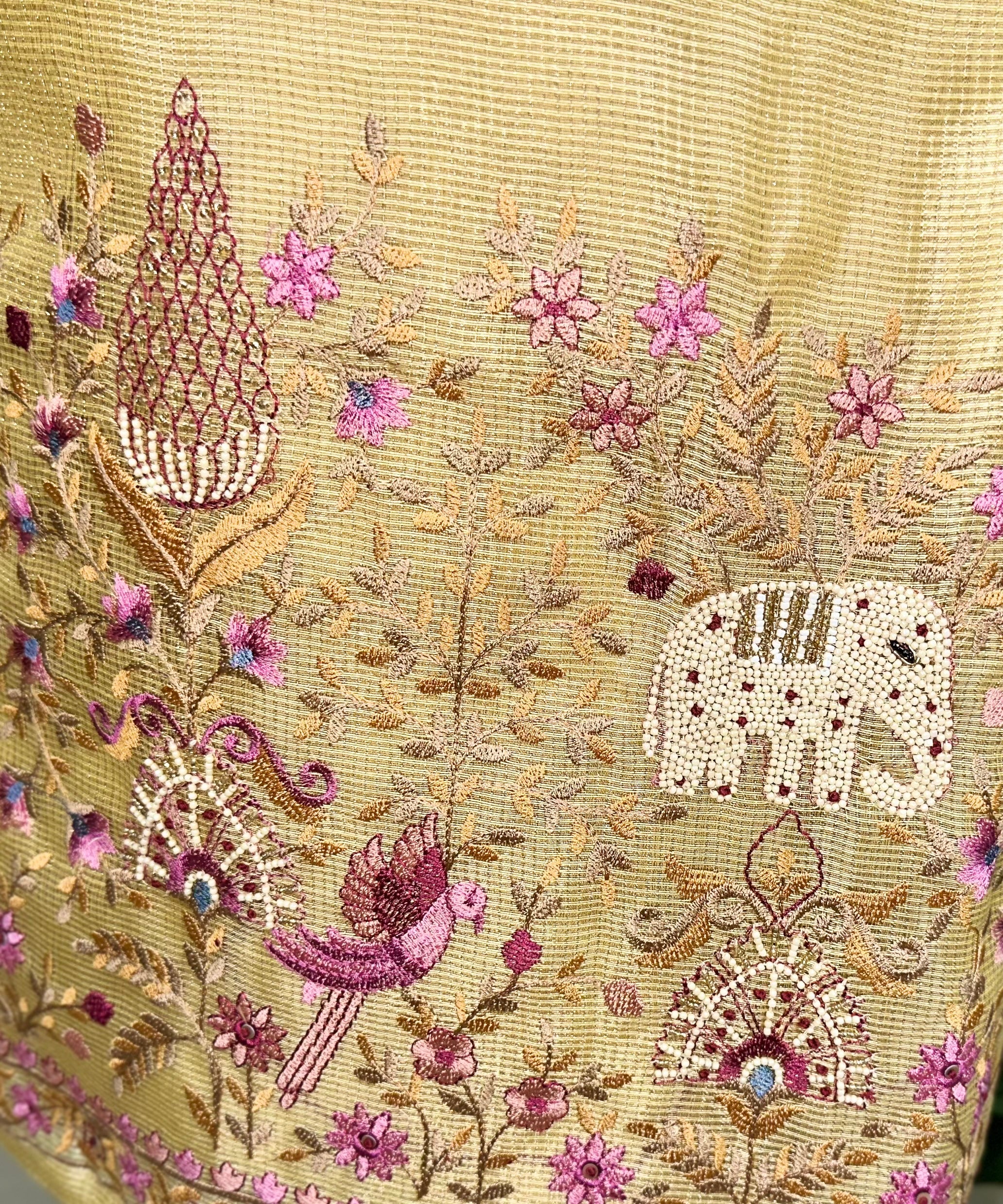 Yellow Kora Decorative Motifs Floral Bird Elephant Embroidery Work Unstitched Suit