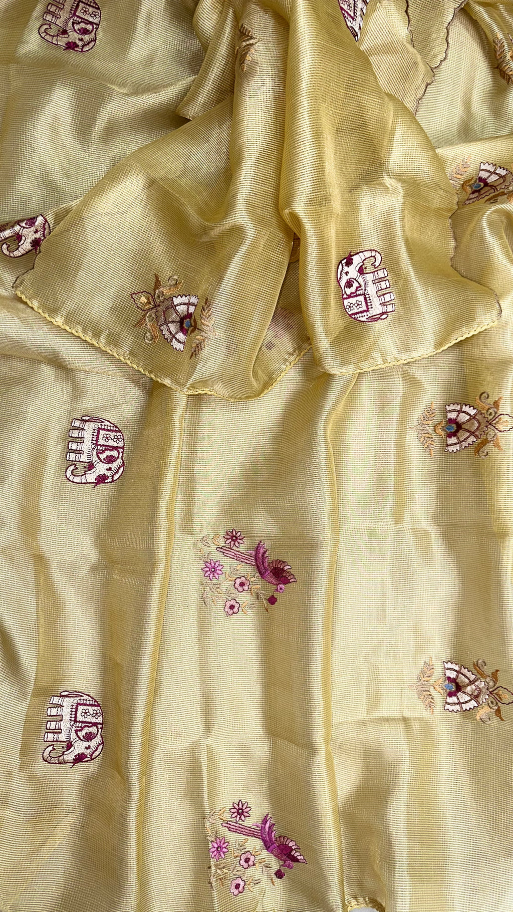Yellow Kora Decorative Motifs Floral Bird Elephant Embroidery Work Unstitched Suit