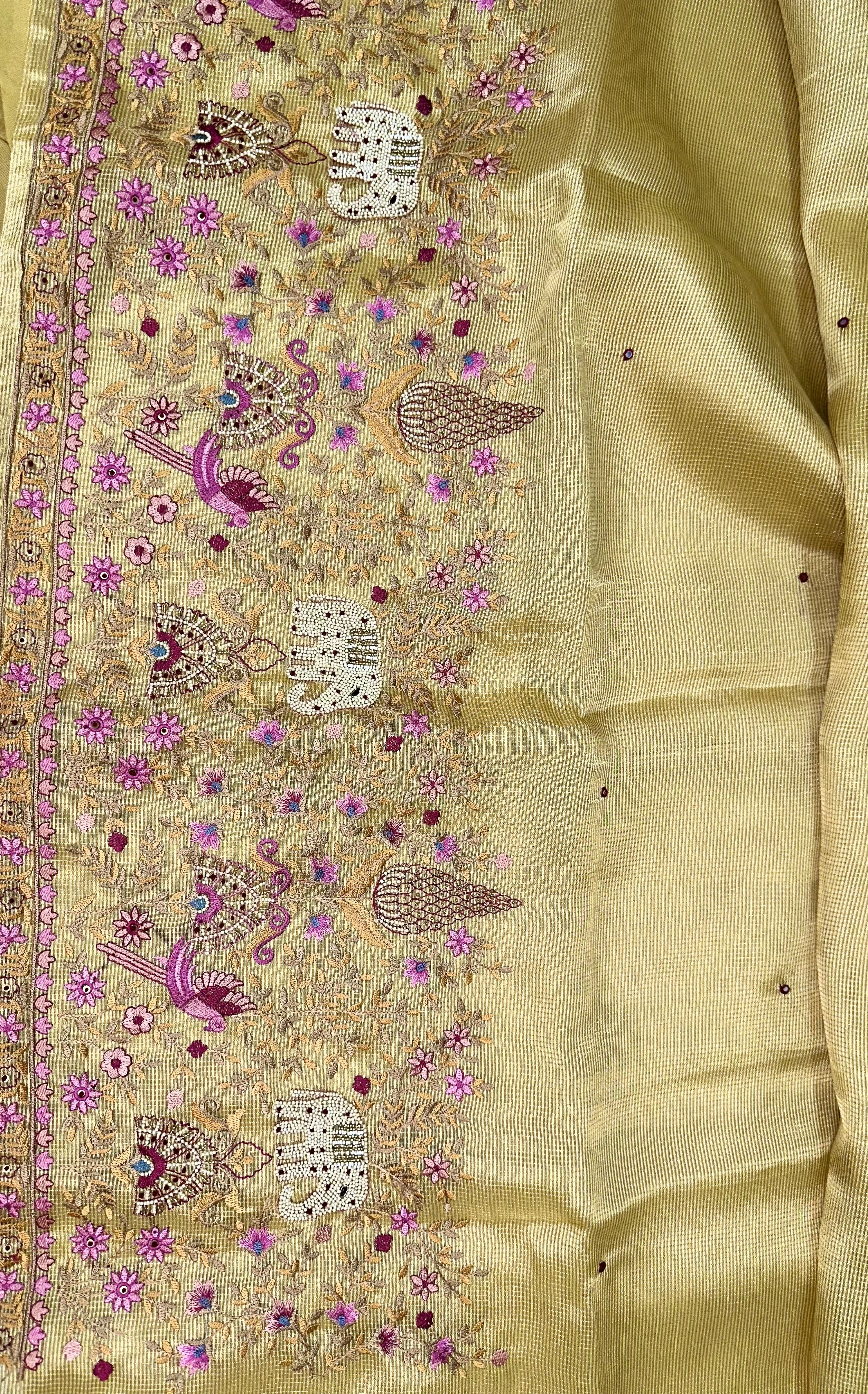 Yellow Kora Decorative Motifs Floral Bird Elephant Embroidery Work Unstitched Suit