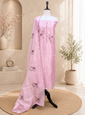 Pink Kora Adorned with Intricate Embroidered Motifs Including a Bird and Floral Patterns, Commonly Crafted Using Techniques Like Zardosi and Kantha Work Unstitched Suit