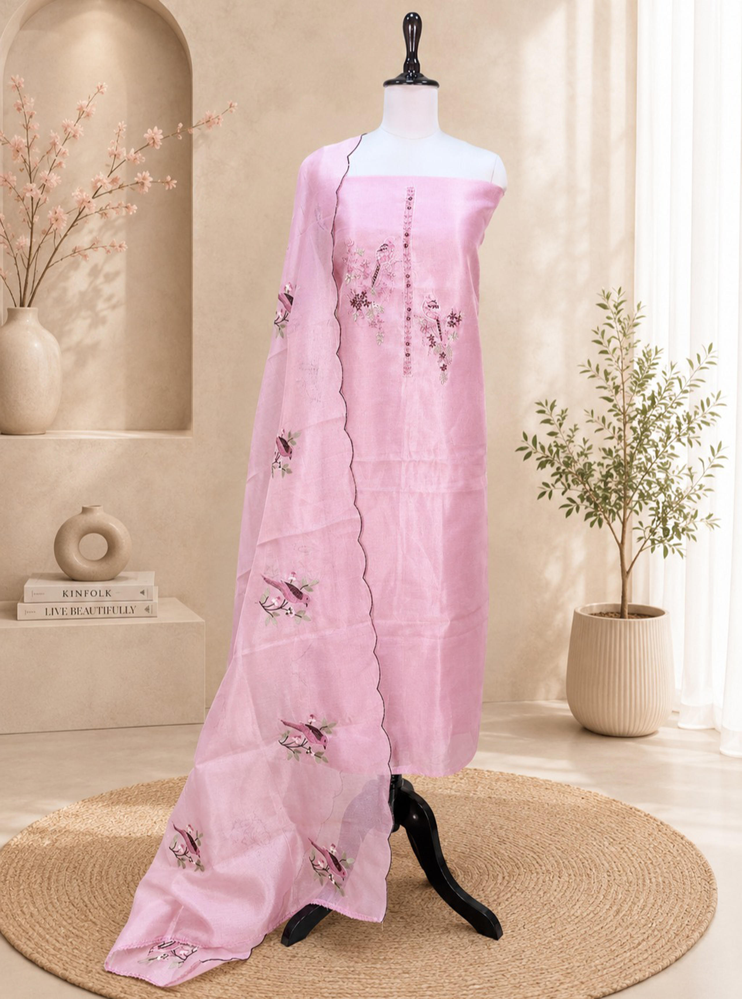 Pink Kora Adorned with Intricate Embroidered Motifs Including a Bird and Floral Patterns, Commonly Crafted Using Techniques Like Zardosi and Kantha Work Unstitched Suit