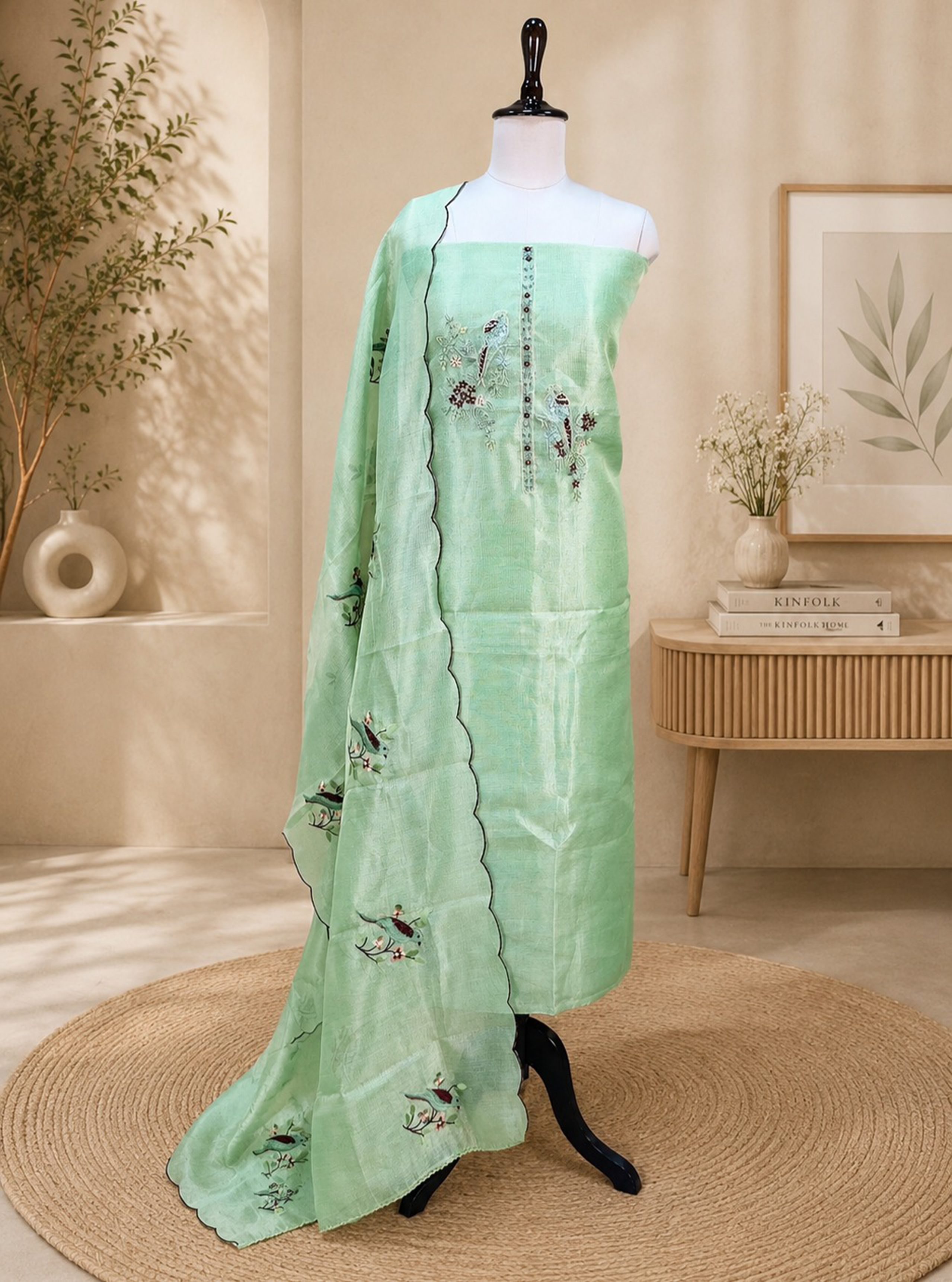 Green Kora Adorned with Intricate Embroidered Motifs Including a Bird and Floral Patterns, Commonly Crafted Using Techniques Like Zardosi and Kantha Work Unstitched Suit