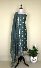 Forest Green Maheshwari Silk with Zari Boti Parsi Gara Embroidered Border Unstitched Suit - Kalamusk LCA102 image 2