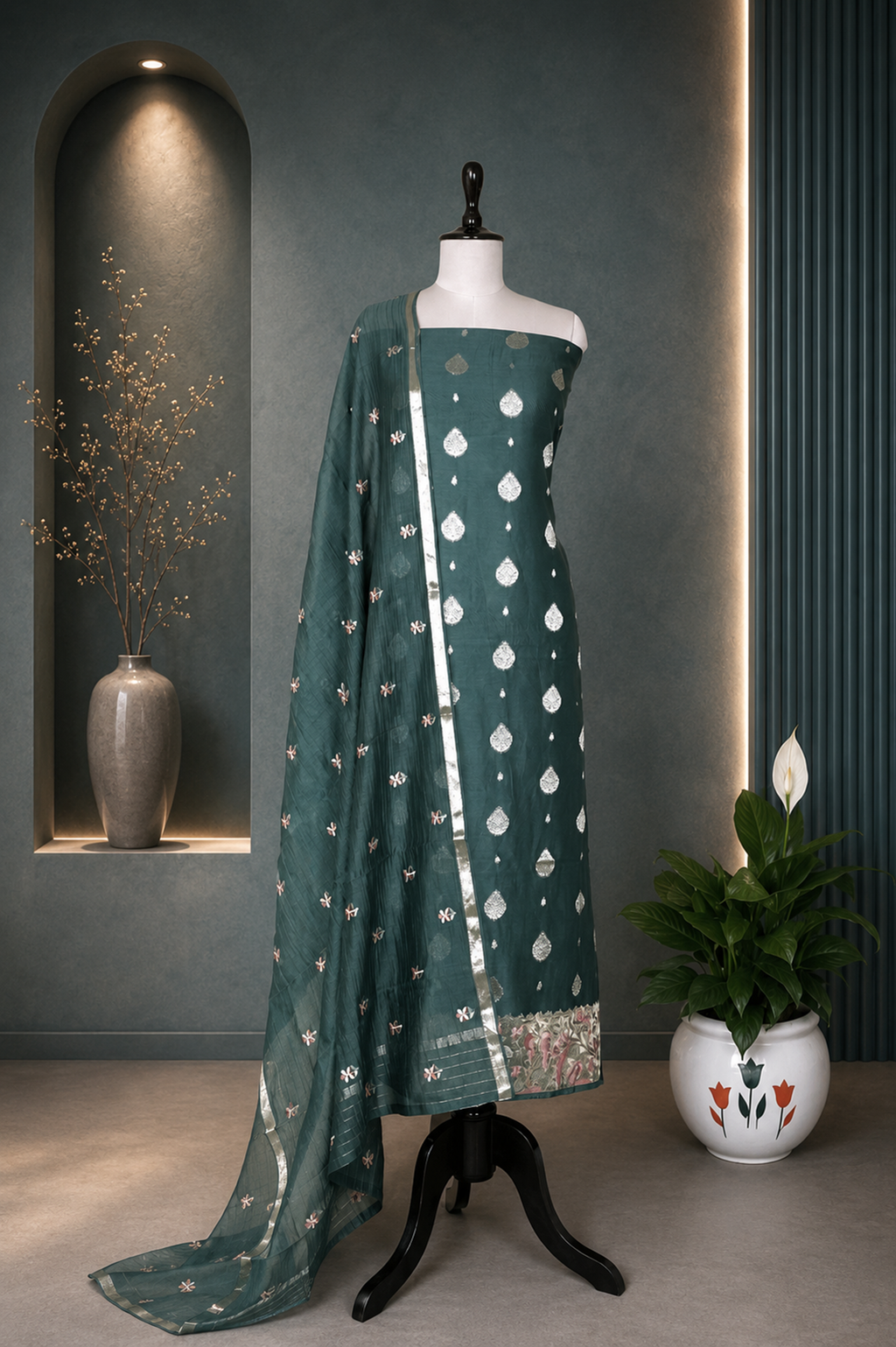 Forest Green Maheshwari Silk with Zari Boti Parsi Gara Embroidered Border Unstitched Suit
