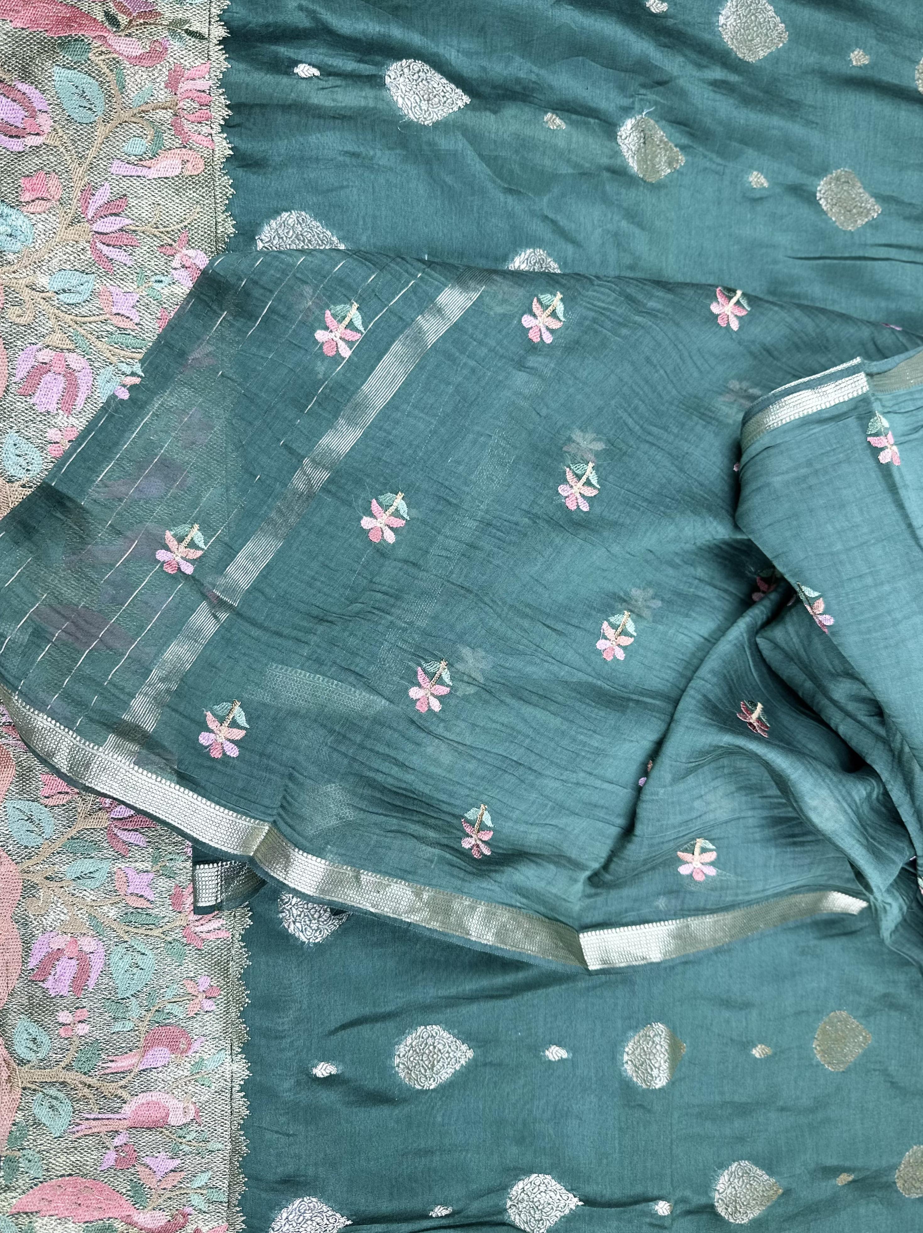 Forest Green Maheshwari Silk with Zari Boti Parsi Gara Embroidered Border Unstitched Suit - Kalamusk LCA102