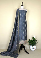 Grey Maheshwari Silk with Zari Boti Parsi Gara Embroidered Border Unstitched Suit - Kalamusk
