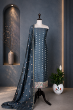 Grey Maheshwari Silk with Zari Boti Parsi Gara Embroidered Border Unstitched Suit